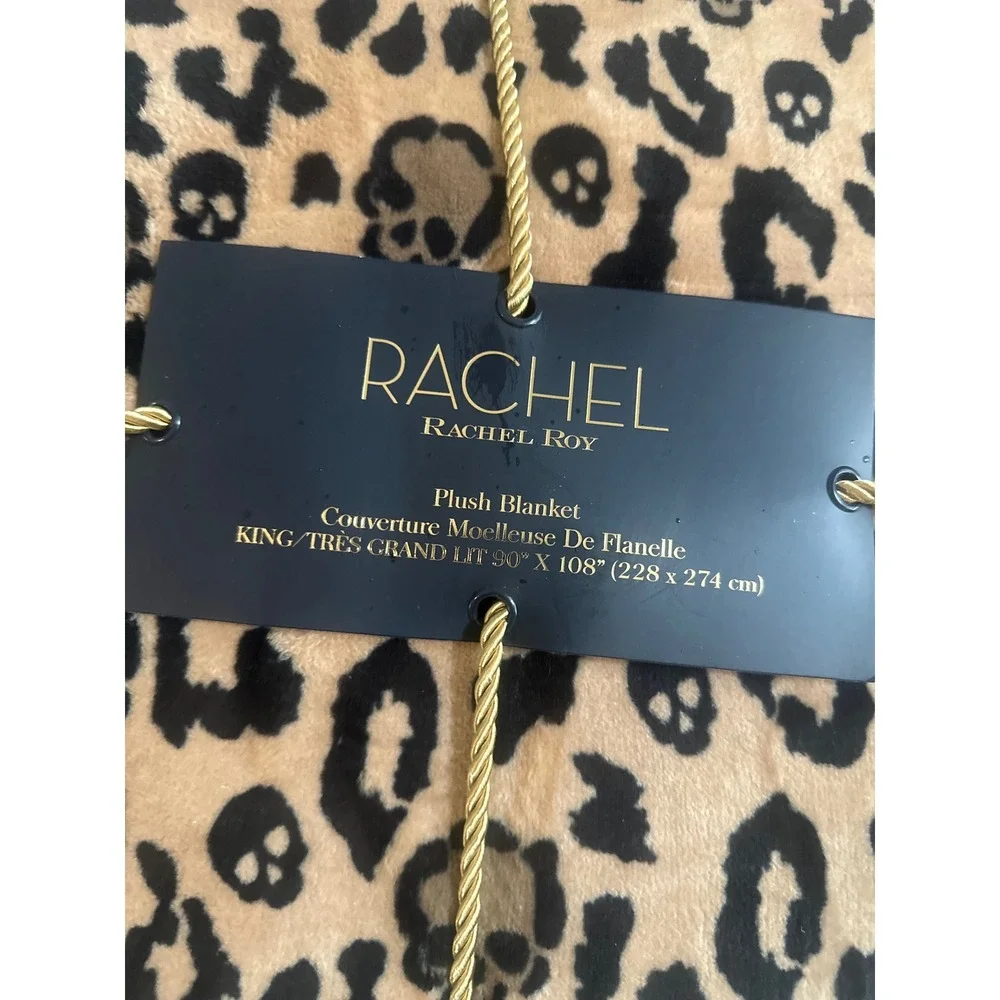 Rachel Roy King Plush Blanket Leopard Skull Print Halloween Black Tan 90x108 NEW